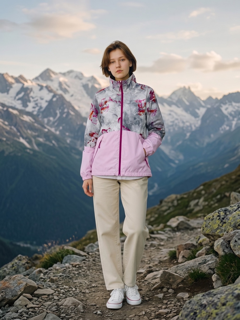 The North Face Pink & Gray Floral-Print Rain Jacket Size M
